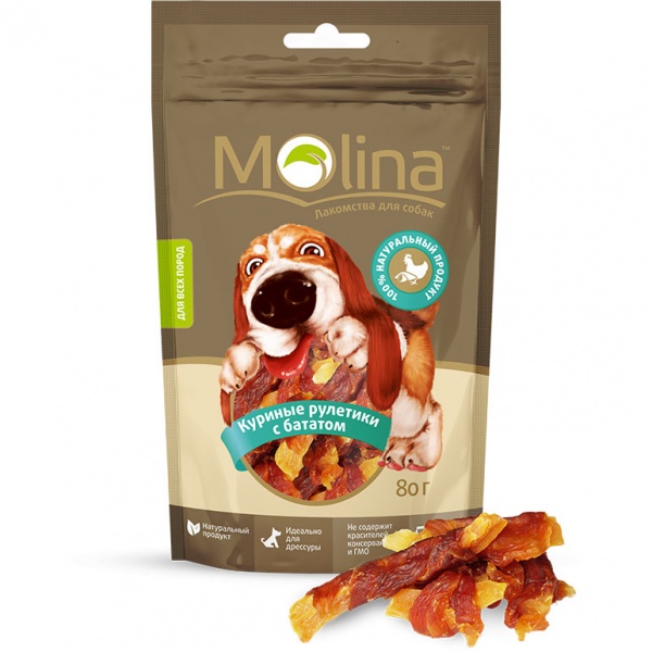 MOLINA Лакомство для собак Molina Куриные рулетики с бататом 80г