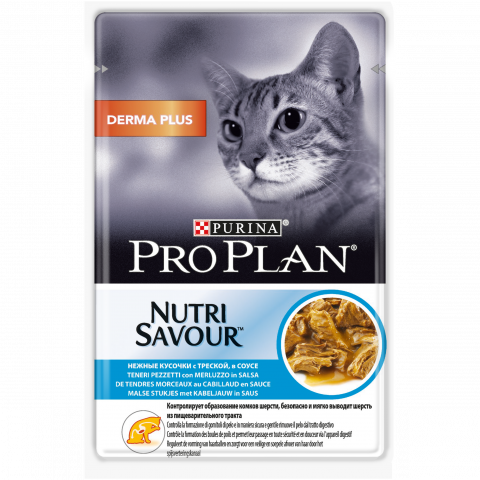 Влажный корм Pro Plan Nutri Savour для взрослых кошек с чувствительной кожей с треской в соусе, Пауч, 85 г