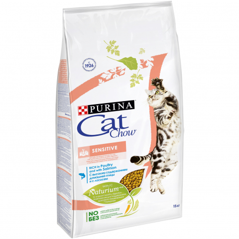 Сухой корм Cat Chow для взрослых кошек с чувствительной пищеварительной системой с лососем, Пакет, 15 кг