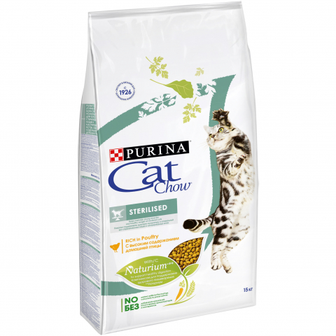Сухой корм Cat Chow для взрослых стерилизованных кошек и кастрированных котов с высоким содержанием домашней птицы, Пакет, 15 кг