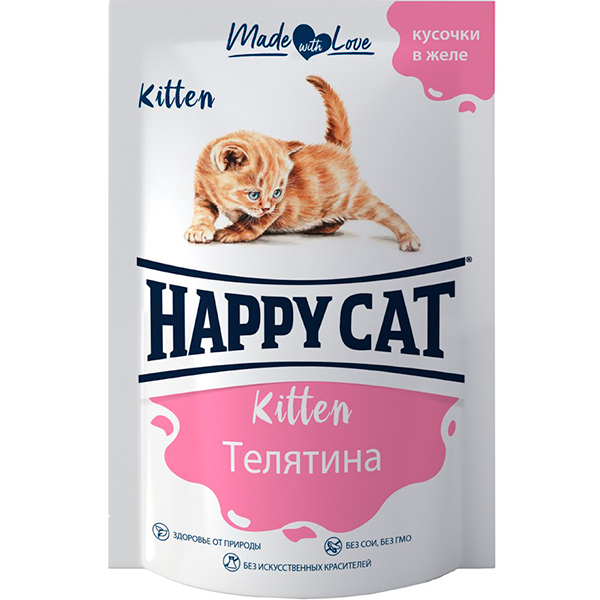 Хэппи Кет пауч для котят Телятина кусочки в желе (Россия) 85г