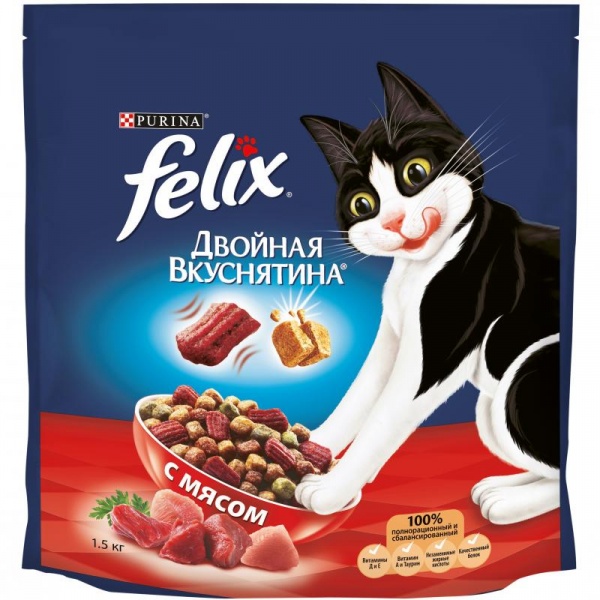 Сухой корм для домашних кошек Purina Felix Двойная вкуснятина с мясом, пакет, 1.5 кг
