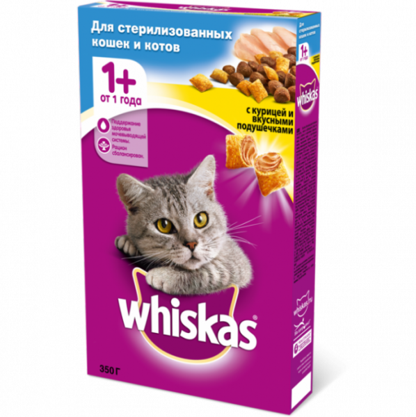 Whiskas для стерилизованных кошек и котов с курицей и вкусными подушечками 350г