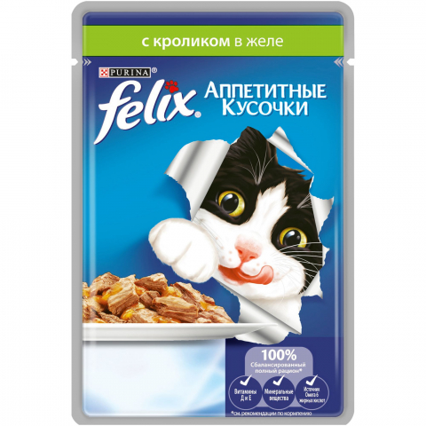 Влажный корм Felix Аппетитные кусочки для кошек с кроликом, Пауч, 85 г