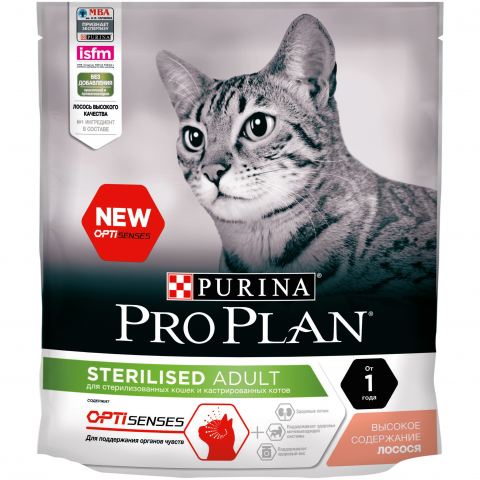 Сухой корм Purina Pro Plan для стерилизованных кошек и кастрированных котов (для поддержания органов чувств), с лососем, Пакет, 400 г