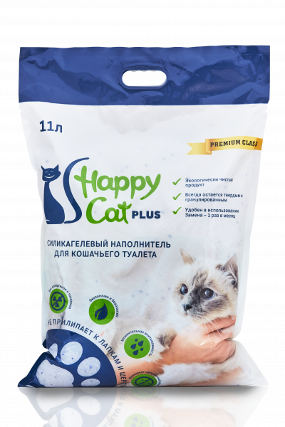 Happy Cat plus, Гигиенический наполнитель  для кошачьего туалета, силикагель Нейтральный	11л/5кг