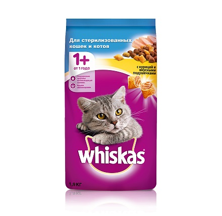 Whiskas для стерилизованных кошек и котов с курицей и вкусными подушечками 1,9 кг
