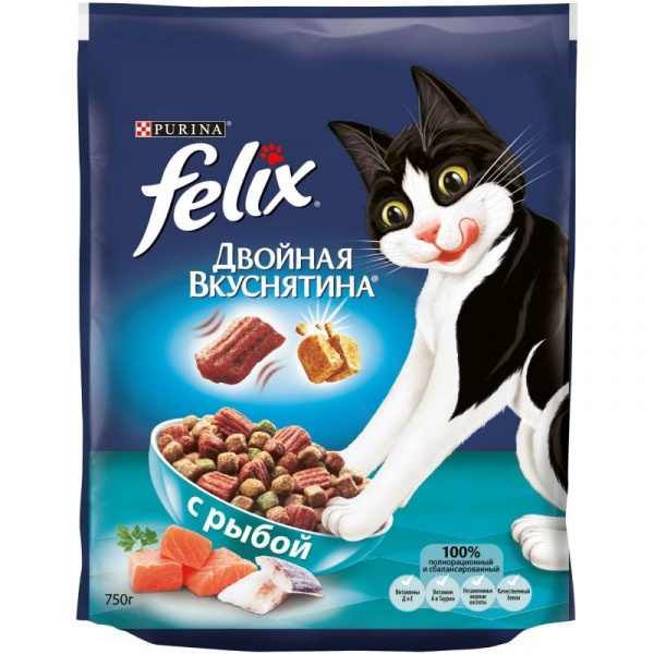Сухой корм для кошек Purina Felix Двойная вкуснятина с рыбой, пакет, 750 г