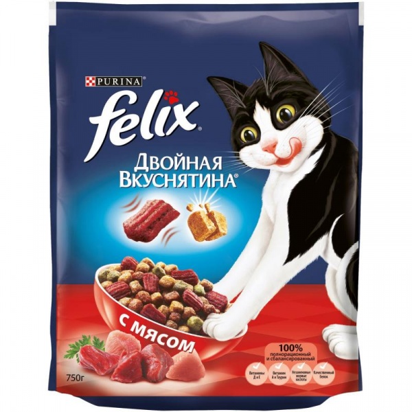 Сухой корм для домашних кошек Purina Felix Двойная вкуснятина с мясом, пакет, 750 г