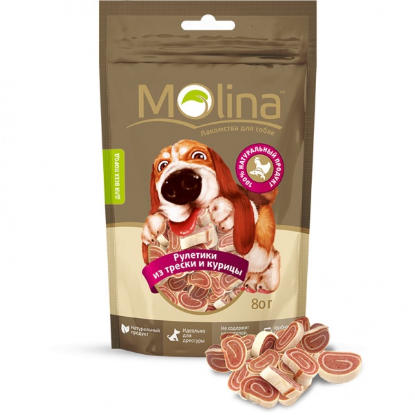 MOLINA Лакомство для собак Molina Рулетики из трески с курицей 80г