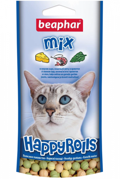 Беафар Лакомство Happy Rolls Mix с креветками, сыром и кошачьей мятой для кошек 80шт
