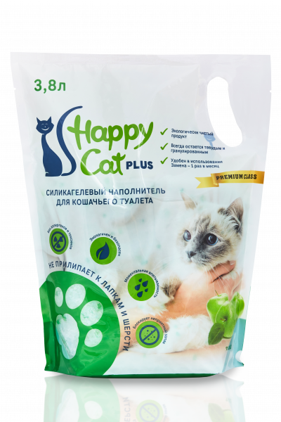 Happy Cat plus, Гигиенический наполнитель  для кошачьего туалета, силикагель Яблоко 3,8л/1,7 кг