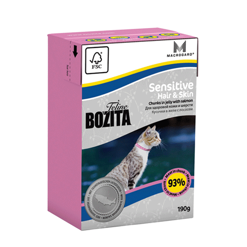 BOZITA Feline Sensitive Hair&Skin Бозита кусочки в желе с лососем для кошек с чувствительной кожей и шерстью, 190 гр