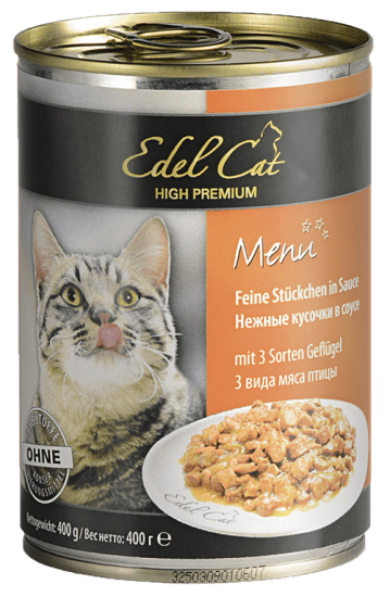 Эдель Кет консервы для кошек 400г нежные кусочки 3 вида мяса