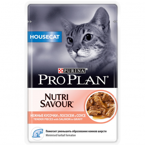 Влажный корм Pro Plan Nutri Savour для кошек живущих дома, с лососем в соусе, Пауч, 85 г