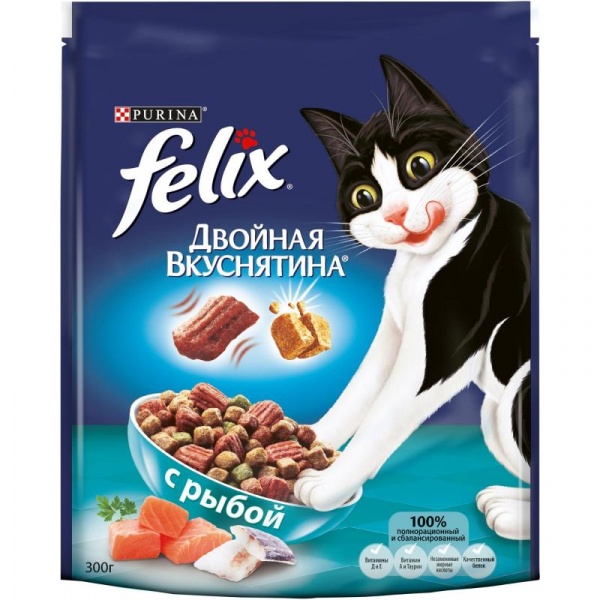 Сухой корм для домашних кошек Purina Felix Двойная вкуснятина с рыбой, пакет, 300 г