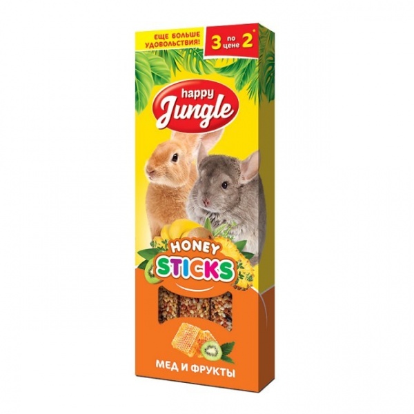 Happy Jungle палочки для крупных грызунов мед и  фрукты 3шт 90гр