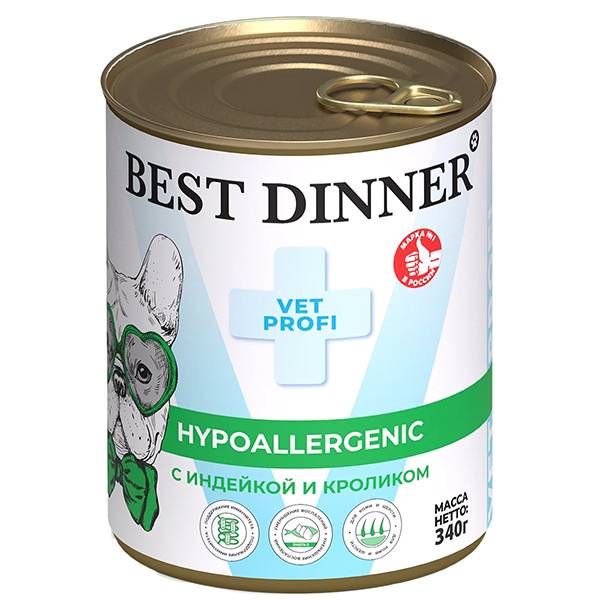 Консервы Best Dinner для собак и щенков при пищевой аллергии, с индейкой и кроликом 340г