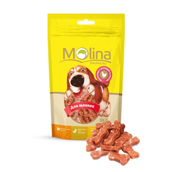 MOLINA Лакомство для щенков мелких Косточки с курицей и рисом, 65 г