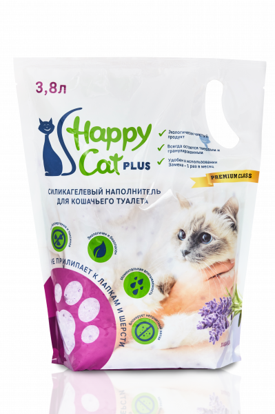 Happy Cat plus, Гигиенический наполнитель  для кошачьего туалета, силикагель Лаванда	3,8л/1,7 кг