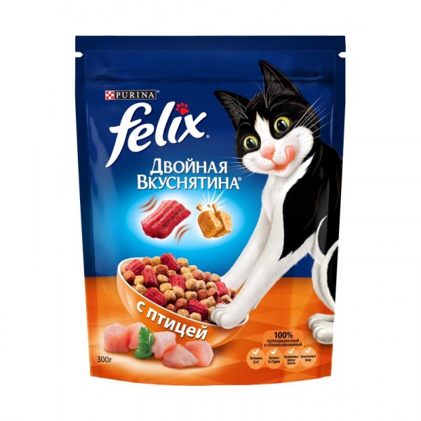 Сухой корм для домашних кошек Purina Felix Двойная вкуснятина с птицей, пакет, 300 г