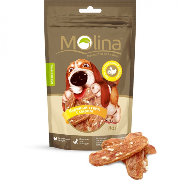 MOLINA Лакомство для собак Molina Куриный стейк с сыром 80г