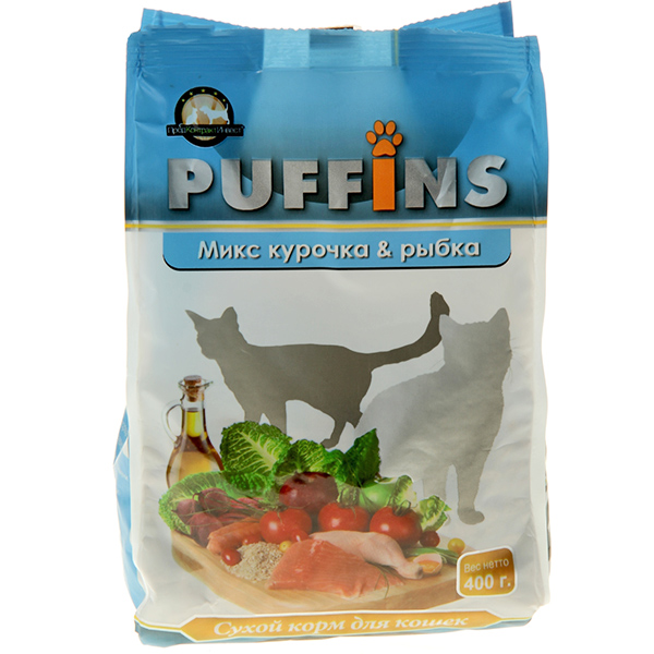 PUFFINS Сухой корм для кошек  Курочка и рыбка 400г