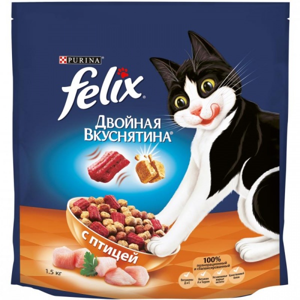 Сухой корм для домашних кошек Purina Felix Двойная вкуснятина с птицей, пакет, 1.5 кг