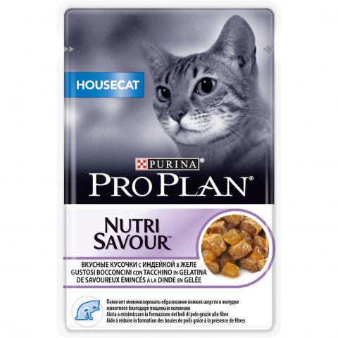 Влажный корм Pro Plan для взрослых кошек, живущих дома, вкусные кусочки с индейкой в желе, 85г