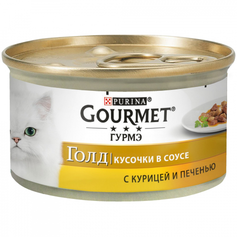 Влажный корм Gourmet Gold Кусочки в соусе для кошек с курицей и печенью, Банка, 85 г