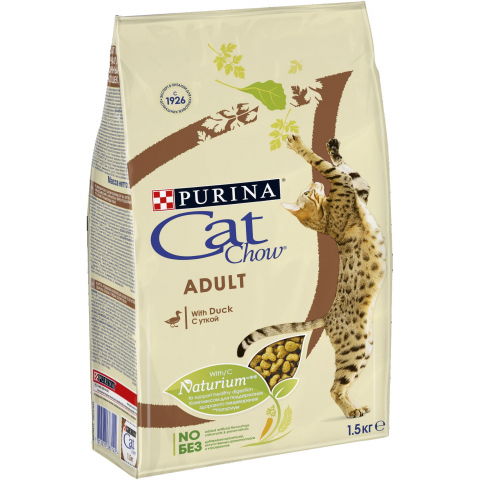 Сухой корм Cat Chow для взрослых кошек с уткой, Пакет, 1,5 кг