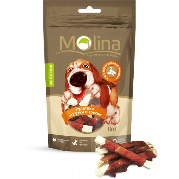 MOLINA Лакомство для собак Molina Утиные рулетики с треской 80г