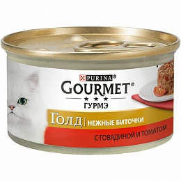 Влажный корм Gourmet Gold Нежные биточки для кошек с говядиной и томатами, Банка, 85 г
