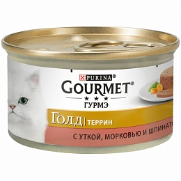 Влажный корм Gourmet Гурмэ Голд Террин (кусочки в паштете) для кошек с уткой, морковью и шпинатом по-французски, Банка, 85 г