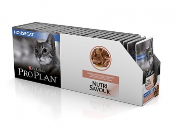 Влажный корм Pro Plan Nutri Savour для кошек живущих дома, с лососем в соусе, Пауч, 85 г